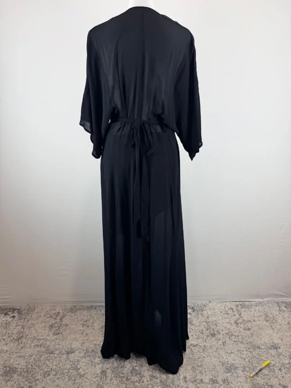 Women's Black Maxi Wrap Dress Size L Kimono Sleeve Deep V Neck Boho Elegant - Picture 3 of 16